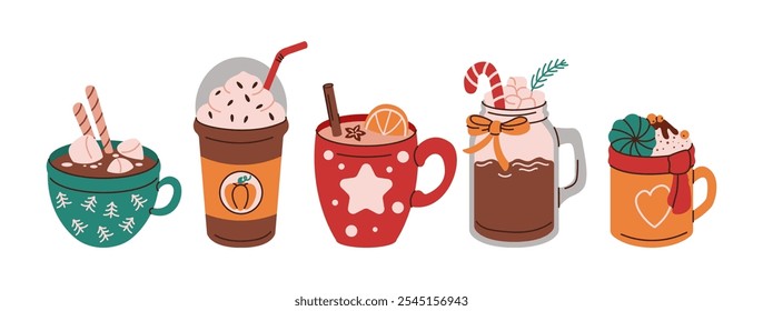 Hot drinks for New Year holidays flat color vector objects set. Seasonal beverages for Christmas illustrations bundle on white background