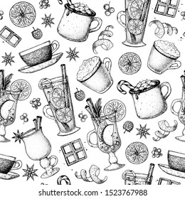 Hot drinks package. Sketch seamless pattern. Mulled wine, winter hot drink. Hand drawn sketch. Vector illustration. Christmas invitation design template. Christmas bar menu. Mulled wine coffee and tea