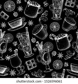 Hot drinks package. Sketch seamless pattern. Mulled wine, winter hot drink. Hand drawn sketch. Vector illustration. Christmas invitation design template. Christmas bar menu. Mulled wine coffee and tea