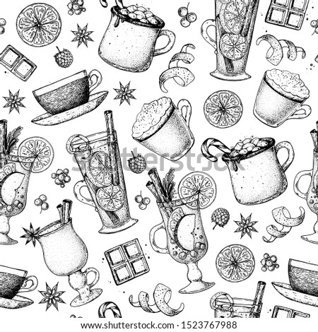 Hot drinks package. Sketch seamless pattern. Mulled wine, winter hot drink. Hand drawn sketch. Vector illustration. Christmas invitation design template. Christmas bar menu. Mulled wine coffee and tea
