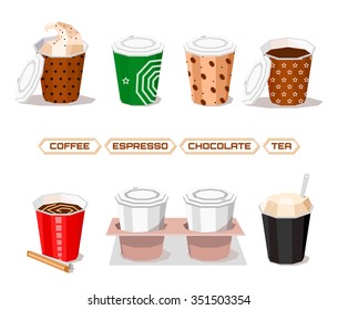 Hot drinks paper cups in paper folded style. Coffee, tea, chocolate and more.