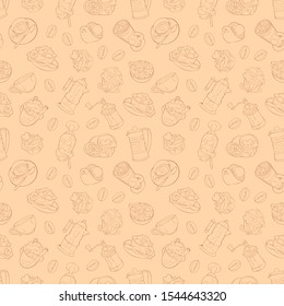 Hot drinks and pastries. Coffee cup, tea mug, hot chocolate. Cupcakes and desserts. Coffee beans. Seamless vector pattern (background). Cartoon food print.