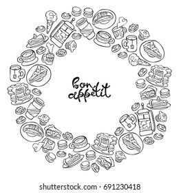 Hot drinks and pastries. Frame. Isolated vector objects on white background.