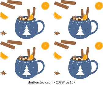 Hot drinks pattern. Seamless Cups with warm drink variants. Vector flat repeated background for wallpaper, wrapping, packing, textile