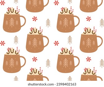 Hot drinks pattern. Seamless Cups with warm drink variants. Vector flat repeated background for wallpaper, wrapping, packing, textile