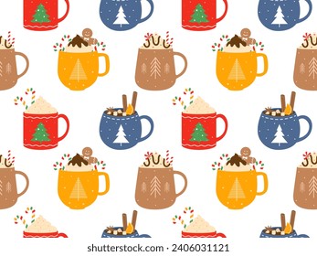 Hot drinks pattern. Seamless Cups with warm drink variants. Vector flat repeated background for wallpaper, wrapping, packing, textile