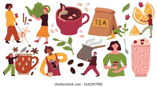 Hot drinks people. Funny tiny men and women with big objects. Tasty beverages and desserts. Leaves and beans. Espresso preparing. Huge cups or teapot. Vector coffee and