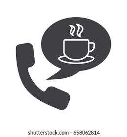 Hot drinks phone order glyph icon. Silhouette symbol. Handset with tea cup inside speech bubble. Negative space. Vector isolated illustration