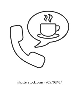 Hot drinks phone order linear icon. Thin line illustration. Handset with tea cup inside speech bubble. Contour symbol. Vector isolated outline drawing