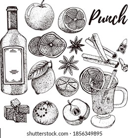 Hot drinks punch recipe, ingredients. Winter hot drink top view. Hand drawn. Vector illustration. Christmas design template. Sketch collection. Christmas bar menu. Packaging design