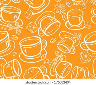 Hot Drinks Seamless Background: Black tea, Mint, Chamomile Infusion, Hot Chocolate and Black Coffee