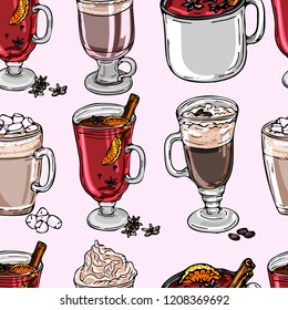 Hot drinks seamless pattern