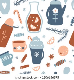 Hot drinks seamless pattern. Autumn and winter holidays. Vector illustration with tea, hot chocolate, cocoa with marshmallow and mulled wine. Christmas beverages for kitchen textile, wrapping paper.