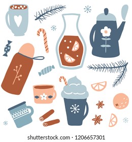 Hot drinks set. Autumn and winter holidays. Christmas beverage collection. Vector illustration with tea, hot chocolate, cocoa with marshmallow and mulled wine.