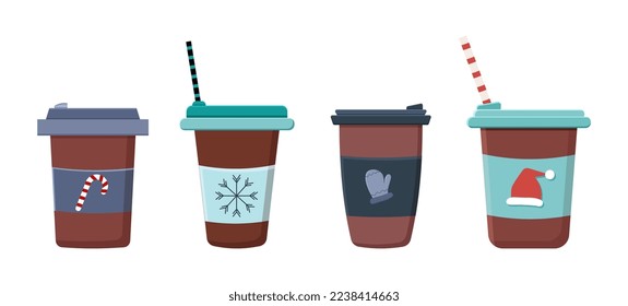 Hot drinks set, Christmas cocoa, New Year's coffee set in flat style