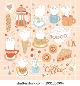 Hot drinks set. Coffee pot, coffee cup. Teapot, tea mug. Delicious pastries: cookies, pie slice, bread. Lettering: tea and coffee. Flowers in vase. Isolated vector objects. Checkered background. 