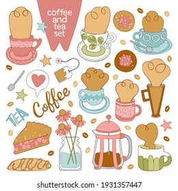 Hot drinks set. Coffee pot, coffee cup. Teapot, tea mug. Delicious pastries: cookies, pie slice, bread. Lettering: tea and coffee. Flowers in a vase. Isolated vector objects.