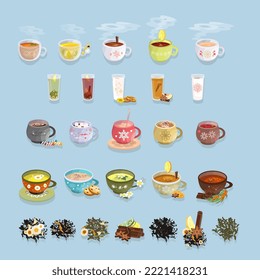 Equipo de bebidas calientes. Colección de café, té, rangos, ouch, chocolate caliente en tazas con adorno de invierno. Restaurante, menú de café. Ilustración vectorial plana.