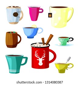 Hot drinks set. Collection of cups for various beverages. Can be used for topics like food, cafe, dessert