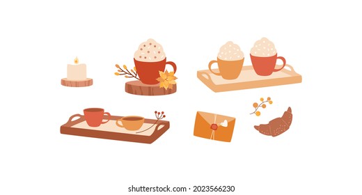 Hot drinks set. Cups of cocoa or cappuccino with sprinkling. Sweet warming beverage with foam on wooden tray, candle, envelope with stamp, croissant for autumn or Christmas cards, stickers, print.