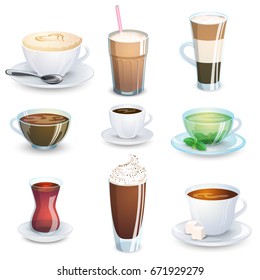 Hot drinks. Set of non-alcoholic beverages - tea, herbal tea, hot chocolate, latte, mate, coffee. Vector illustration isolated