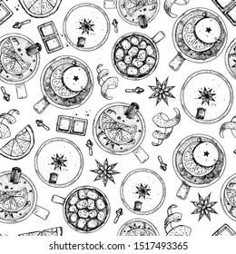 Hot drinks. Sketch seamless pattern. Mulled wine, winter hot drink. Hand drawn sketch. Vector illustration. Christmas invitation design template.  Christmas bar menu. Mulled wine, coffee and tea