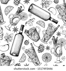 Hot drinks. Sketch seamless pattern. Mulled wine, winter hot drink. Hand drawn sketch. Vector illustration. Christmas invitation design template.  Christmas bar menu. Mulled wine, coffee and tea