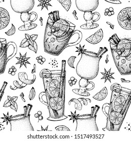 Hot drinks. Sketch seamless pattern. Mulled wine, winter hot drink. Hand drawn sketch. Vector illustration. Christmas invitation design template.  Christmas bar menu. Mulled wine, coffee and tea