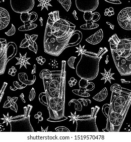 Hot drinks. Sketch seamless pattern. Mulled wine, winter hot drink. Hand drawn sketch. Vector illustration. Christmas invitation design template.  Christmas bar menu. Mulled wine, coffee and tea