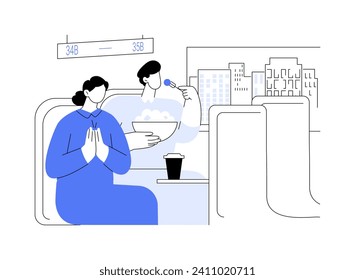 Hot drinks and snacks in a bus abstract concept vector illustration. Long distance bus passengers eating and drinking on the way, modern urban transportation services abstract metaphor.