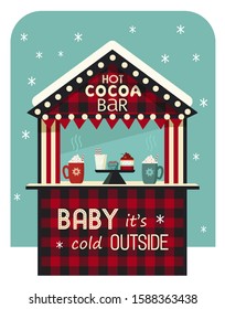 Hot drinks street stall flat color vector icon. Wooden kiosk, coffee beverage mug cute cartoon. Town outdoor hot cocoa bar tent buffalo plaid background. Cold season warm cocoa bar design illustration