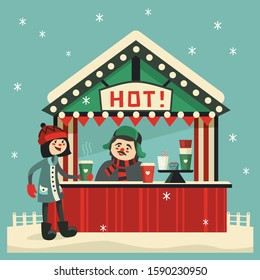 Hot drinks street stall flat vector icon. Girl with hot coffee cup, seller in wooden kiosk cute cartoon. Town outdoor drink tent sign. Warm up beverages station in cold season background illustration