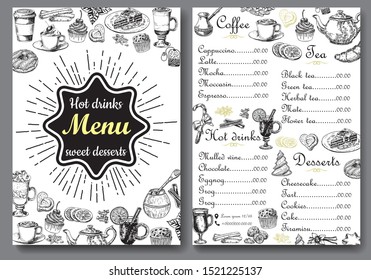 Hot drinks and sweet desserts menu vector template. Front and back A4 paper format menu, hand drawn design for tea shop, coffee house, cafe and restaurant.