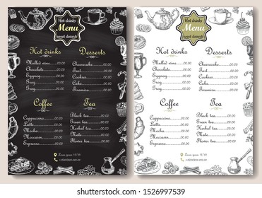 Hot drinks and sweet desserts menu vector template. Chalk drawing A4 paper format menu for coffee shop, cafe and restaurant, handdrawn design with lettering.