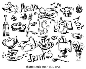 hot drinks and sweets sketch set