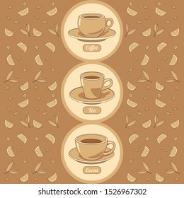 
Hot drinks tea, coffee, cocoa. Coffee shop pattern. Tea party background. Cups of drinks. Brown range of coffee to go.