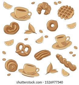 Hot drinks tea, coffee, cocoa. Bakery products. Coffee shop pattern. Tea party background. Cups of drinks. Confectionery packaging. Cafe.