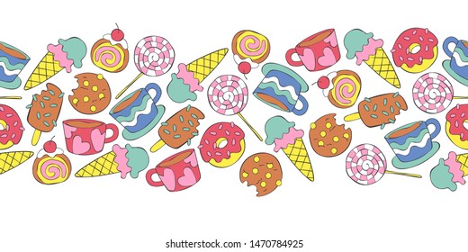 Hot drinks: tea and coffee. Sweets: ice cream, donuts, cookies, sweets, candy. Seamless horizontal pattern. Frame border.