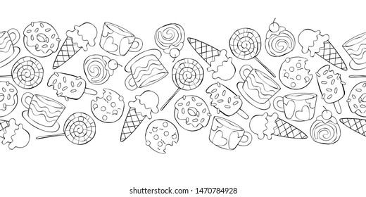 Hot drinks: tea and coffee. Sweets: ice cream, donuts, cookies, sweets, candy. Seamless horizontal pattern. Frame border.