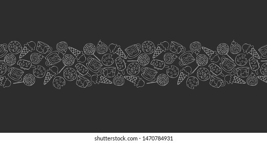 Hot drinks: tea and coffee. Sweets: ice cream, donuts, cookies, sweets, candy. Seamless horizontal pattern. Frame border.