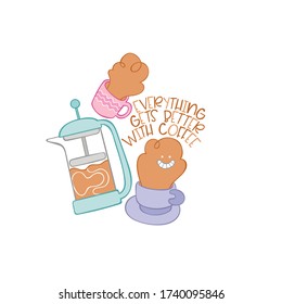 Hot drinks. Teapot and tea cup. Coffee mug. Lettering poster. Sticker. Isolated vector object on white background.