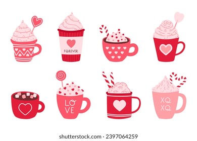 Bebidas calientes para el Día de San Valentín. Tazas rojas y rosas acogedoras con corazones. Ilustración vectorial dibujada por mano