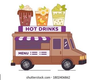 Camión de bebidas calientes con vasos gigantes en el techo - ilustración aislada. Camión de comida callejera de bebidas calientes - como té, matcha, café y otros. Bar de té móvil en coche. Paleta marrón y lila turbia