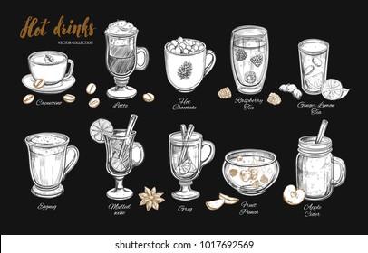 Hot Drinks. Vector Christmas Winter Collection. Different Beverages In Sketch Style. Coffee, Tea, Mulled Wine, Punch, Grog, Cider Etc