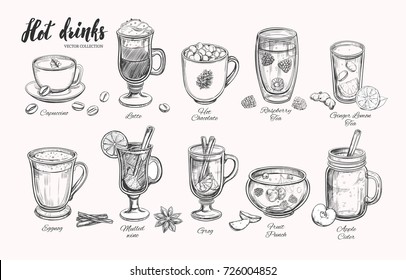 Hot Drinks. Vector Christmas Winter Collection. Different Beverages In Sketch Style. Coffee, Tea, Mulled Wine, Punch, Grog, Cider Etc. 