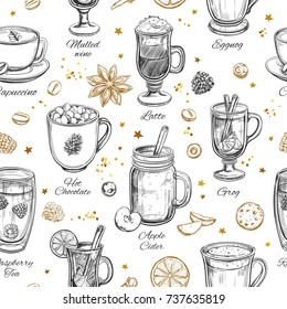 Hot Drinks. Vector Christmas Winter Seamless Pattern. Different Beverages In Sketch Style. Coffee, Tea, Mulled Wine, Punch, Grog, Cider Etc. 