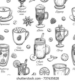 Hot Drinks. Vector Christmas Winter Seamless Pattern. Different Beverages In Sketch Style. Coffee, Tea, Mulled Wine, Punch, Grog, Cider Etc. 