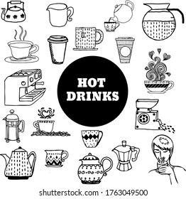 Hot drinks vector doodle icons illustration collection set