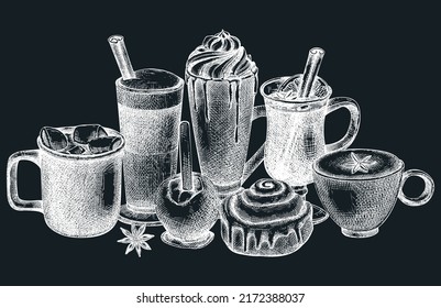 Hot drinks vector illustration on chalkbioard. Sketched autumn food and drink drawings - mulled wine, coffee, hot chocolate, pumpkin latte, mugs, and desserts. Thanksgiving dinner beverages design