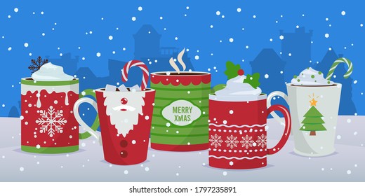 Hot drinks. Winter Christmas mugs background, holiday cocoa coffee chocolate. New year festive decoration vector illustration